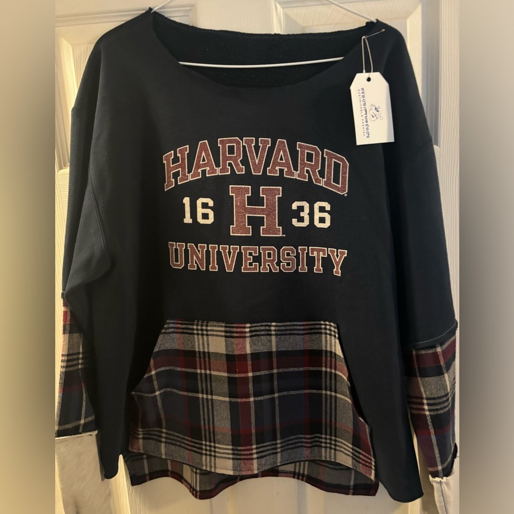Harvard University College Boston upcycled Flannel & Sweatshirt sz Large